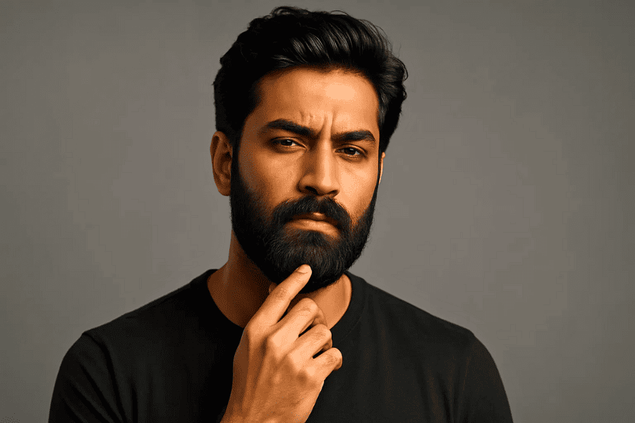 A bearded man thinking how to maintain a soft and healthy beard