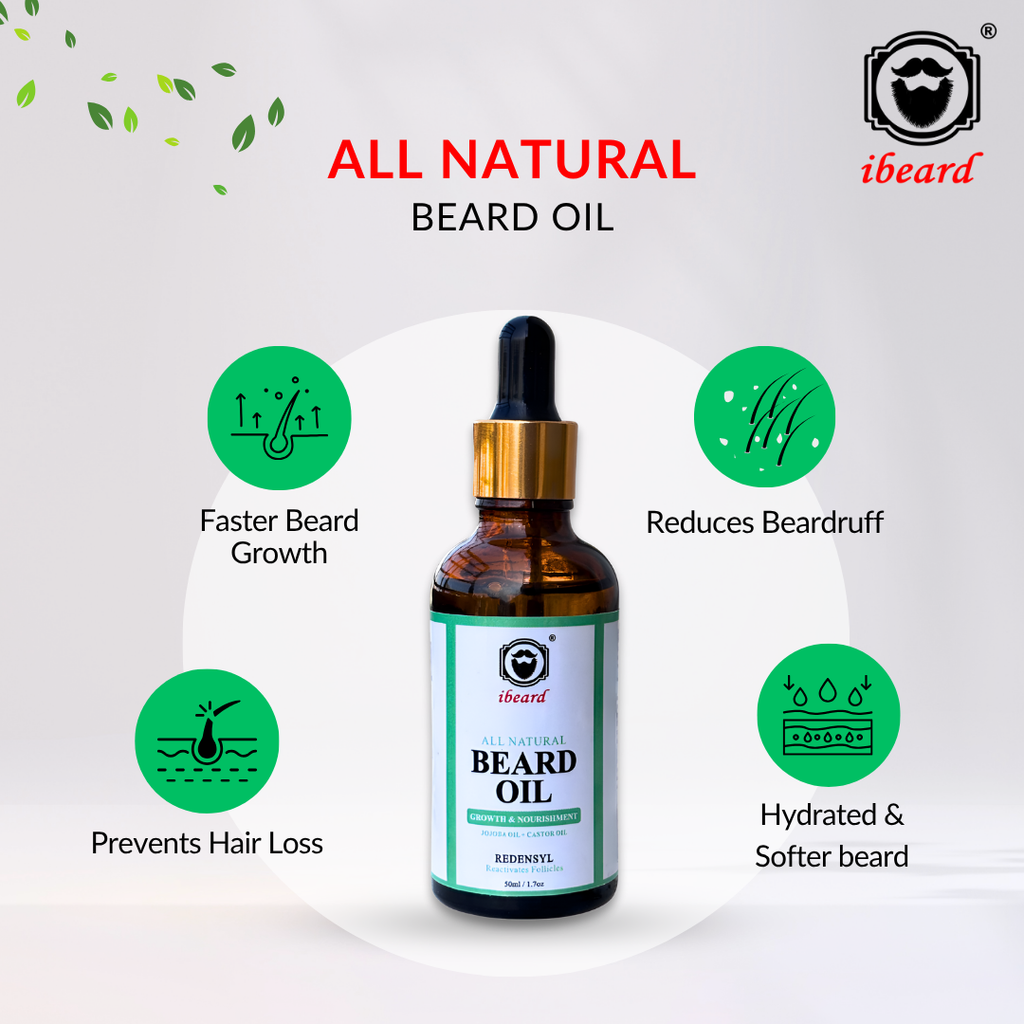 Beard oil bottle with dropper labeled 'All Natural Beard Oil' by 'ibeard' on a white background.