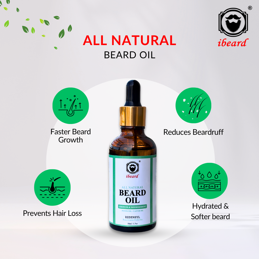 Beard oil bottle with dropper labeled 'All Natural Beard Oil' by 'ibeard' on a white background.
