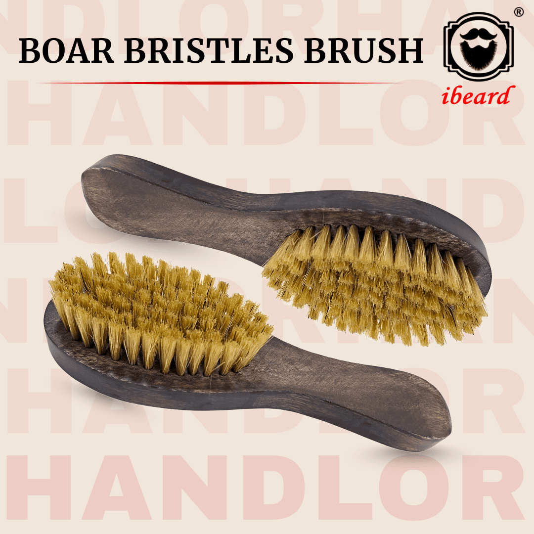 Two boar bristle brushes with wooden handles on a beige background featuring the brand 'ibeard'.
