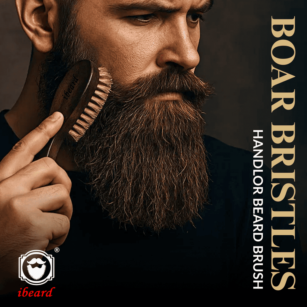 Man grooming his beard with a brush, featuring the brand 'ibeard'.