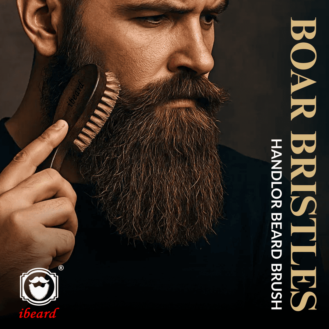 Man grooming his beard with a brush, featuring the brand 'ibeard'.