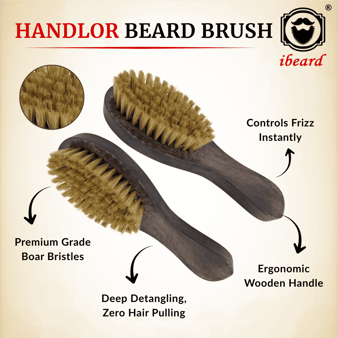 Handlord beard brush with premium grade boar bristles and ergonomic wooden handle on a beige background.