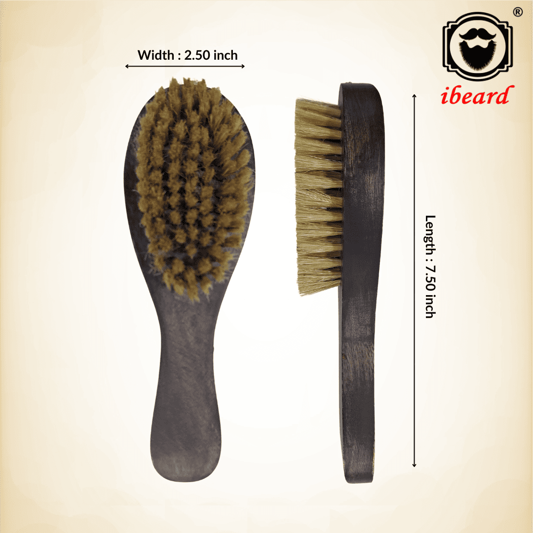 Beard brush with measurements and i beard logo on a beige background