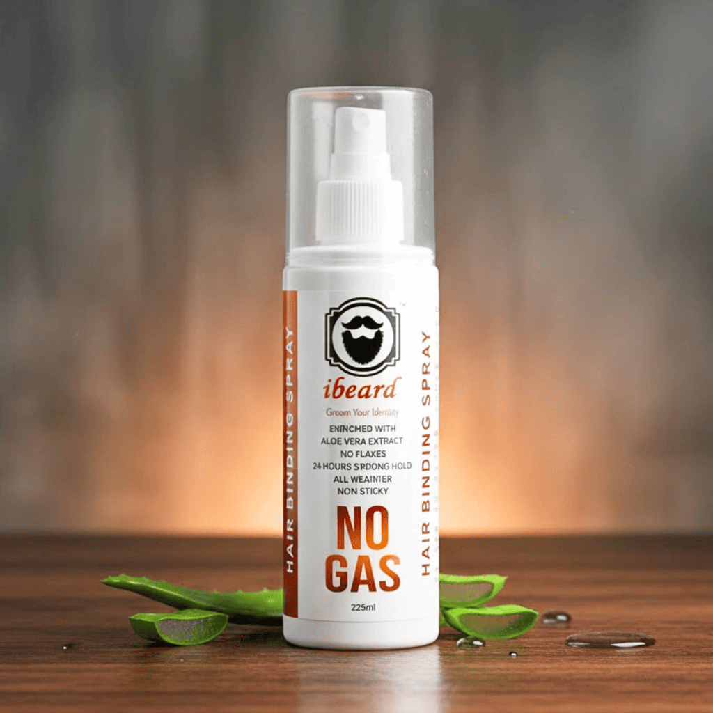 Hair binding spray bottle with aloe vera leaves on a wooden surface