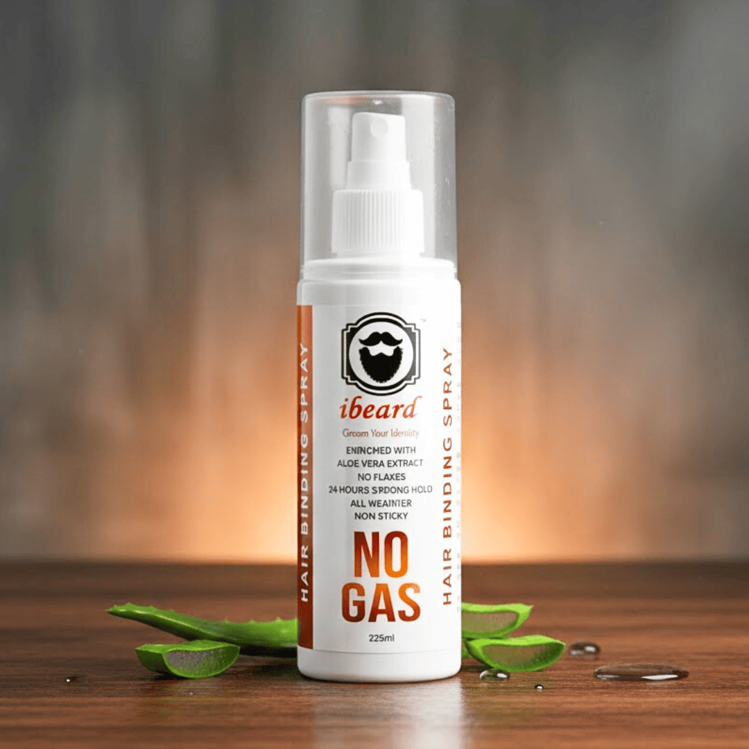 Hair binding spray bottle with aloe vera leaves on a wooden surface