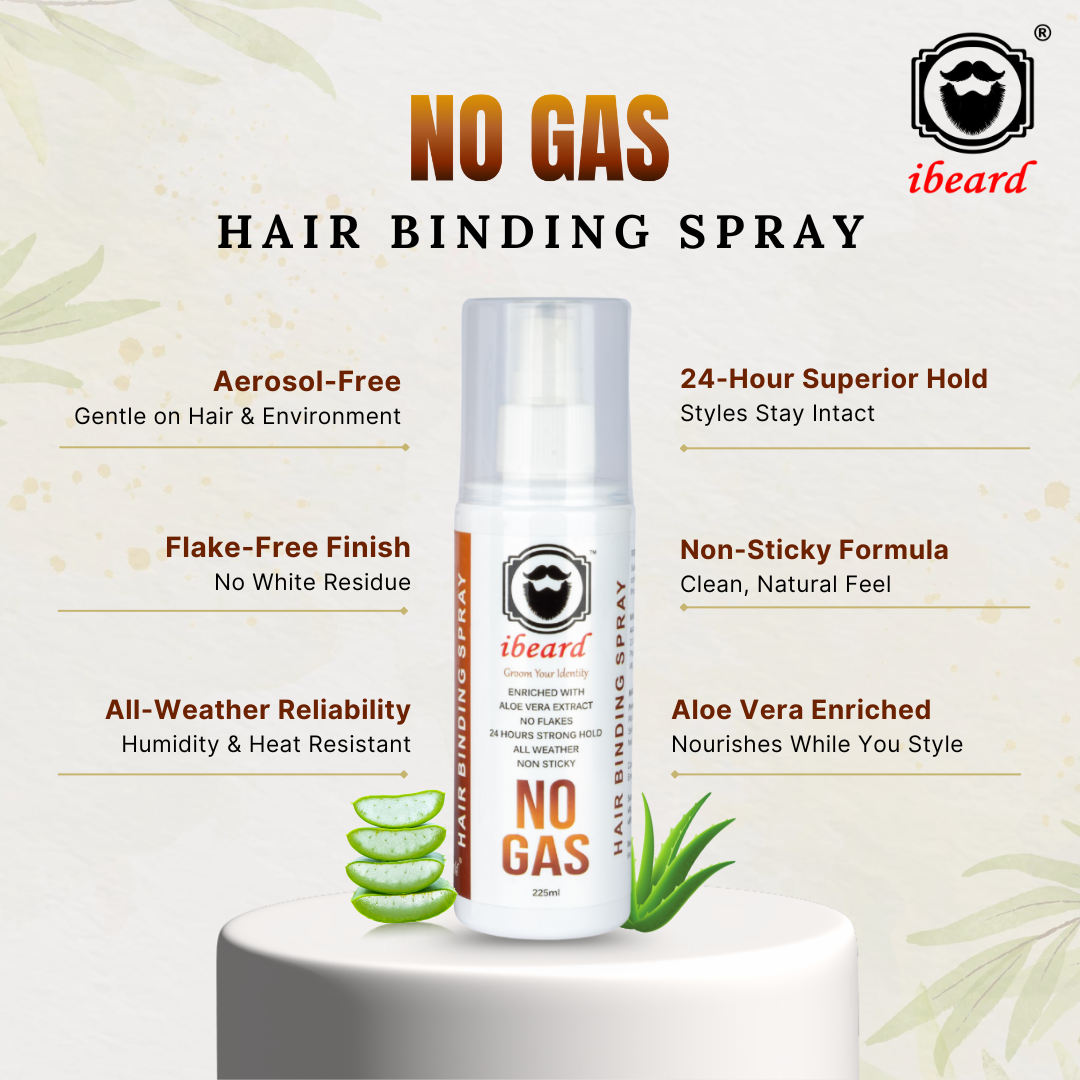 Ibeard No Gas Hair Binding Spray with product details on a light background